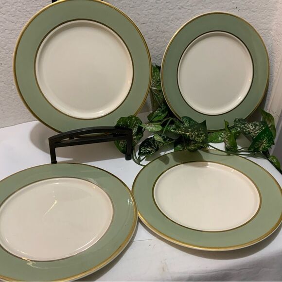 COPY - 4 Dinner Plate Classic Heritage Green Green Band Gold Trim Made in USA  … - Picture 1 of 10